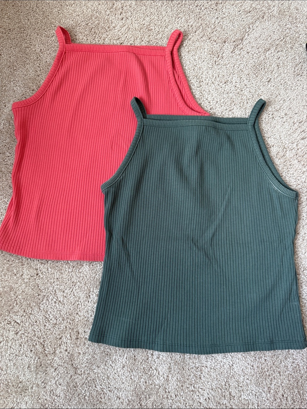 Old Navy Ribbed Cropped Tank Tops - Coral and Forest Green, size medium